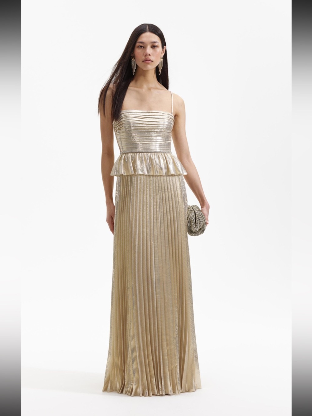 Self-Portrait Gold Pleated Maxi Dress with Crystal Trim Size UK 10/US 6 NWT